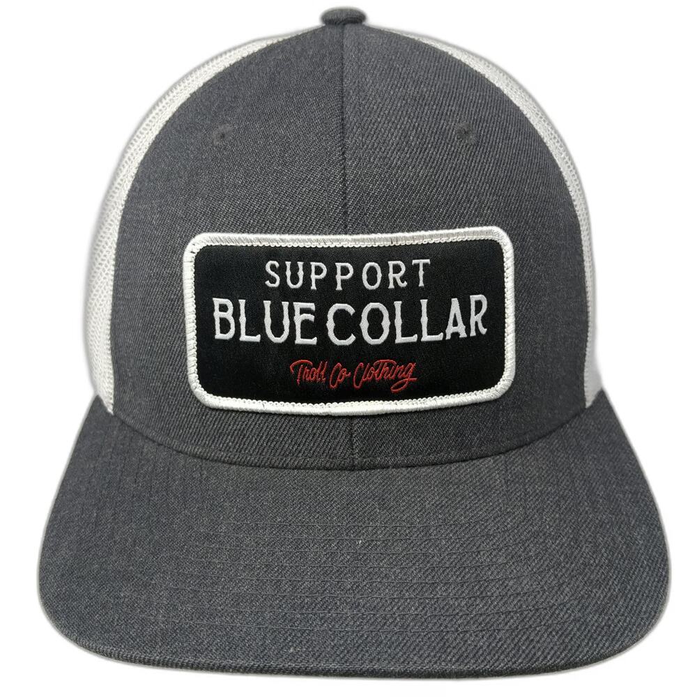 Troll Co Clothing Gray White One Size Trucker Hat Support Blue Collar Mesh Back